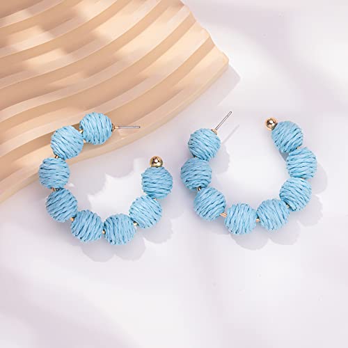 Raffia Hoop Earrings Statement Boho Beaded Earrings Cute Rattan Handmade Colorful Jewelry for Women Unique Summer Outfits - color: Light Blue