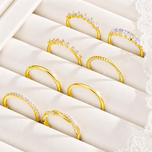 KISS WIFE 8 Pcs 14K Gold Plated Stackable Rings Set for Women, Dainty Sparkling Cubic Zirconia Statement Rings, Non Tarnish Engagement Wedding Bands, Minimalist Daily Wear Finger Jewelry, Ideal Gift