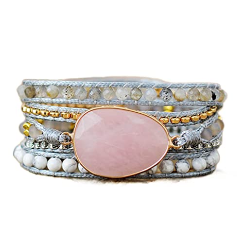 Women Wrap Bracelet Boho Natural Jasper Crystal Stone Beads Strand Bracelets - color: Pink Quartz