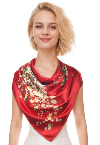 vabovin Satin Head Scarf for Women Silk Like Hair Scarf, 35 x 35 in | Silk Feel Fabric, Hair Wrap for Sleeping, Headscarf and Neck Scarf, Square Bandana Style, Fashion Accessory - color: 039 Red Peony