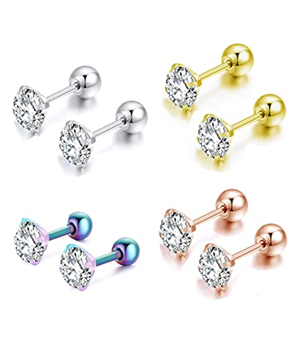 Tanyoyo 4mm Surgical Stainless Steel Ear Piercing Studs Earrings sets 5-6 Pair Mixed Colors High Polished 16G ¡­ - style: B: 4 COLOR CZ