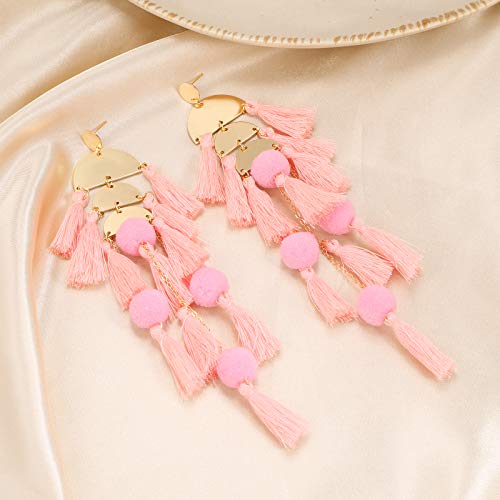 Long Tassel Earrings for Women Colorful Fringe Drop Dangle Earrings Bohemian Hawaiian Summer Beach Jewelry for Womens Vacation Outfits - color: Blush Pink