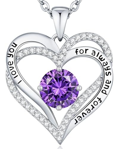 CDE Engraved Forever Love Heart Birthstone Necklace Jewelry Gifts for Women | Hypoallergenic,Nickel-Free & Lead-Free,3 x 3 mm 5A CZ Heart Pendant,Anniversary Christmas Birthday Gift for Girlfriend Wife - color: Birthstone-02-Feb, style: Rhodium Plated-Bra