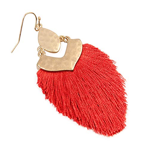 Bohemian Silky Thread Fan Fringe Tassel Statement Earrings - Lightweight Strand Feather Shape Dangles - color: Bohemian Fringe - Red
