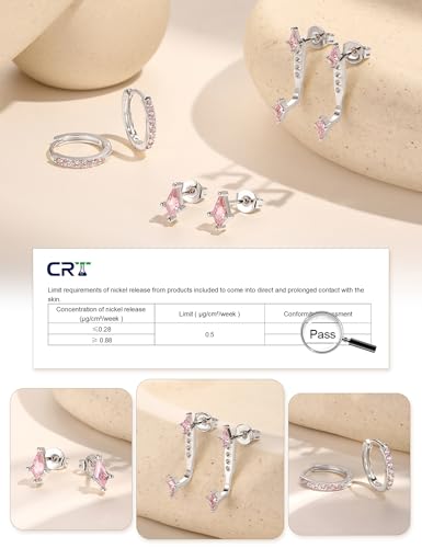 GEORGE · SMITH Stackable Kite Stud Earrings Set for Women, Gold & Silver Huggie Birthstone Jewelry with Emerald Green & Blue Sapphire, Trendy Earrings for Women 2025 - color: Silver,Pink CZ