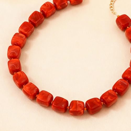 Statement Bead Necklaces for Women Boho Collar Necklace Chunky Red Resin Simple Elegant Bohemian Dress Accessories - color: A1:Orange-red bead necklace