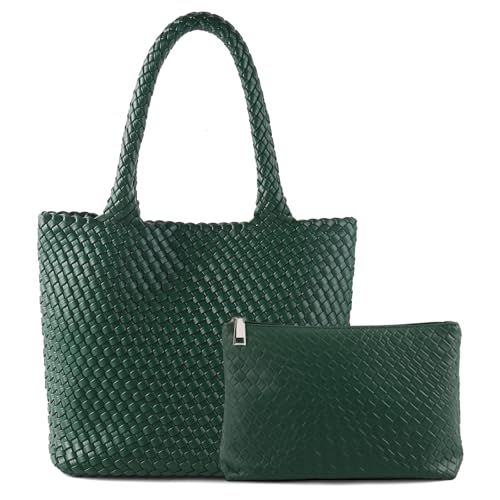 Hand Woven Bag Tote BagS For Women Top Handle Shoulder Vegan Leather Large Travel Beach Hobo Handbag - color: Dark Green
