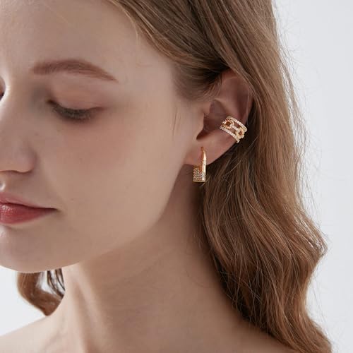 MTMY Gold Ear Cuff Earring for Women 14K Gold Plated Cubic Zirconia Non-Pierced Clip on Cartilage Chunky Ear Cuffs Hypoallergenic Jewelry - style: chain