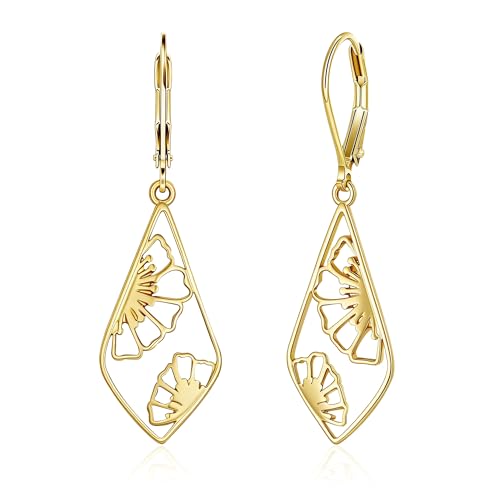 Silver Dangle Earrings Hypoallergenic Filigree Flower Carved Hollow Out Dangle Earrings for Women 14K Gold Plated Geometric Leverback Earring Trendy Silver Drop Earings Jewelry Gifts - color: 14K Gold
