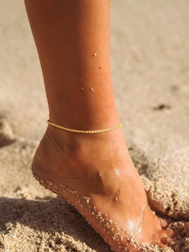 FindChic Stainless Steel Ankle Bracelets for Women, Waterproof Figaro/Cuban/Box/Beaded Chain Anklets, Summer Beach Foot Jewelry, 8.5''-10.5'' Adjustable Length, with Gift Box - style: Box Chain-Gold