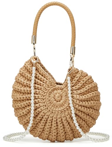 Handmade Crochet Tote Bag Seashell Purse for Women Boho Shell Handbag Crossbody Shoulder Bag Summer Beach Clutch Hobo Handbag - color: Khaki