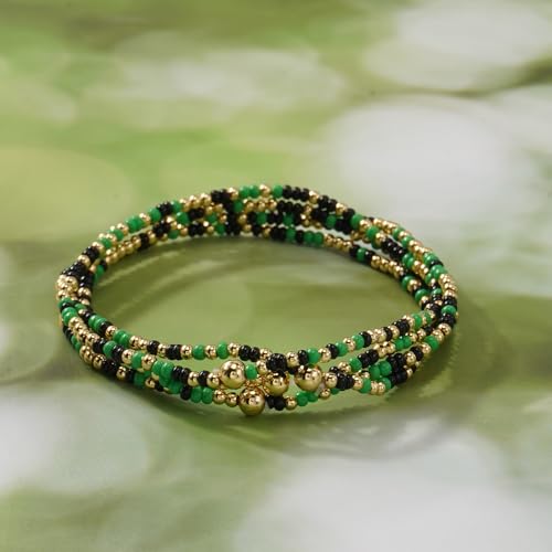 Boho 4Pcs Stack Colorful Small Seed Beaded Bracelets Set for Women, Cute Handmade Dainty Trendy Gold Plated Stretch Accessories Thin Glass Jewelry, Summer Daily Party Friendship Gift - color: Green