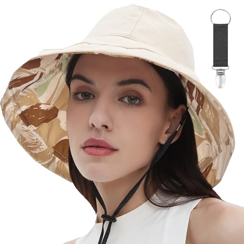 vidsel Womens Sun Hats Wide Brim Reversible Bucket Cotton Hat Packable Summer Travel Cap with Hat Clip,UV Protection - color: Beige2, size: Medium