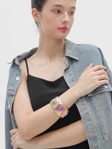 Gold Cuff Bracelet for Women Silver Beaded Bracelets Open Bangle Stackable Stretch Bead Bracelet Boho Jewelry Gifts for Wife Couple - style: Colorful Stone Bracelets