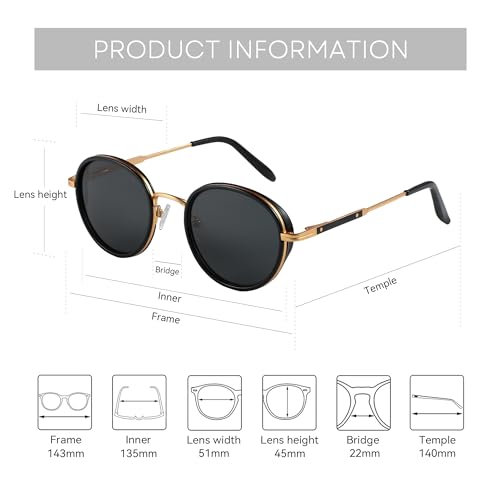 ZENOTTIC Retro Round Polarized Steampunk Sunglasses for Men Women-Circle Vintage Design Metal Frame UV400 Shades - color: C05 Gold Frame Grey Lens