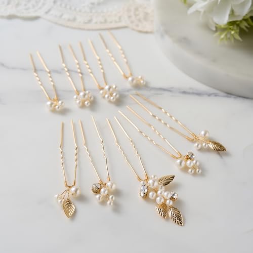 SWEETV 9 Pieces Bride Hair Accessories Pearl Wedding Hair Pins Leaf Bridal Hair Piece Vintage Hair Headpiece Leaf Hair Clips Jewelry for Women Bridesmaids Brides Flower Girls - color: Set-C-Gold