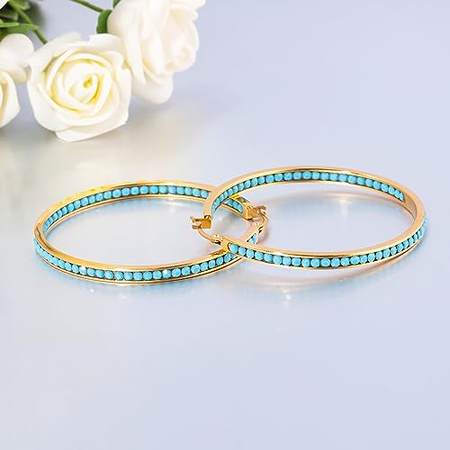 CiNily Mult-colors Crystal Stainless Steel Hoop Earring for Women Hypoallergenic Jewelry for Sensitive Ears Large Big Hoop Earrings 2" - color: Gold-Turquoise