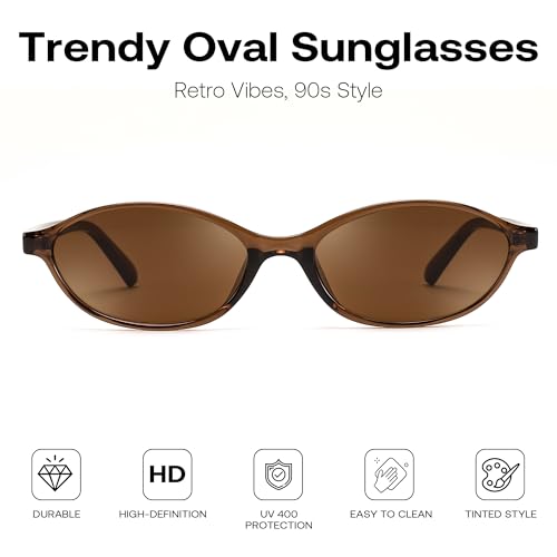 FEISEDY Retro Oval Sunglasses for Women Cat Eye 90s Lightweight Narrow Shades Trendy Sun Glasses B4196 - color: Brown