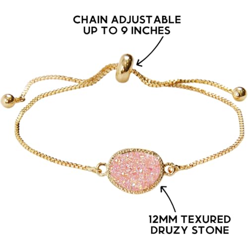 Humble Chic NY Simulated Druzy Chain Bracelet for Women - Boho Stackable Adjustable Bolo Slider Bracelet - color: Gold - Created Rose Quartz