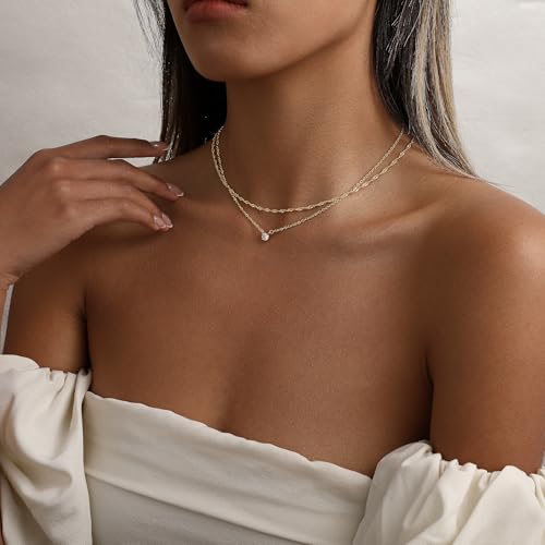 CAROVO Gold Necklace for Women Dainty 14K Gold Plated Choker Cross Flower Cubic Zirconia Necklaces Simple Layered Gold Chain Trendy Jewelry Gifts for Women - style: C:Layered CZ Necklace