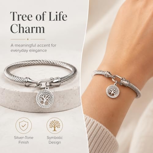 Gold Tree of Life Bangle Bracelet for Women, 18K Gold Plated Stainless Steel Double Layer Spring-Open Bangle, Meaningful Dainty Jewelry Gift - color: SLIVER-2