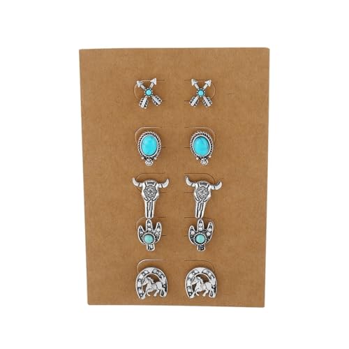Dreuyet 4 Pairs Turquoise Earrings for Women Small Geometric Oval Round Flower Earrings Turquoise Bohemian Jewelry - style: set C