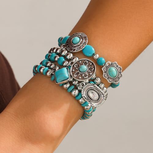 Western Outfit for Women Bohemian Vintage Stackable Turquoise Bracelet Rustic Beaded Cow Head Charm Stretch Bracelet Western Jewelry Country Concert Outfits for Women - style: Style1