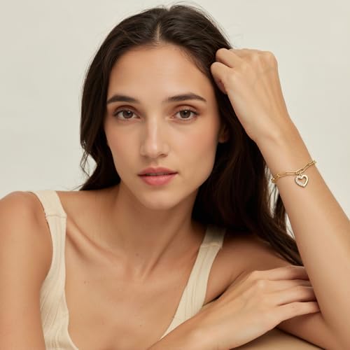 Emibele Heart Charm Bracelet for Women, Bible Verse Bracelet Stainless Steel 18K Gold Plated Bracelet Love Pendant Link Chain OT Clasp, Birthday Christmas Jewelry Gift for Mother Her - color: Gold Heart Pendant