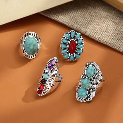 Bohemian Turquoise Ring for Women Chunky Gold Flower Statement Rings Vintage Round Turquoises Stackable Knuckle Ring Set for Women Western Jewelry - style: Silver Turquoise ring-4Pcs