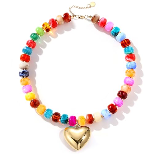 Besteel Chunky Beaded Necklace for Women - Colorful Resin Bead Choker Statement Necklaces with Gold Conch Heart Pendant Trendy Boho Large Summer Beach Jewelry - style: Heart
