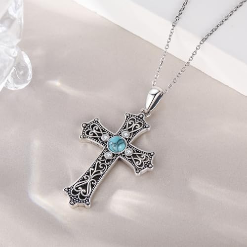 Cross Necklace 925 Sterling Silver Turquoise Christian Pendant Religious Cross Jewelry Christmas Gifts for Women Men - style: Gothic A