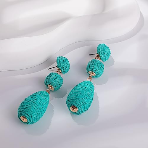 Boho Raffia Earrings Statement Dangle Earrings Cute Teardrop Ball Earrings Colorful Summer Jewelry Handmade Rattan Earrings for Women - color: Teal