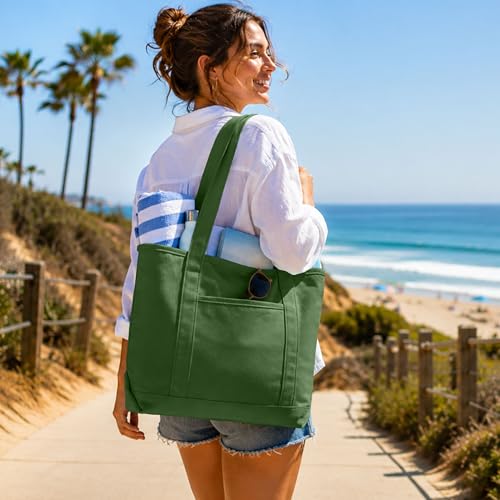 DALIX 20" Solid Color Cotton Canvas Shopping Tote Bag in Olive - color: Olive