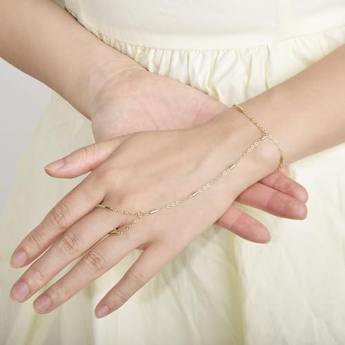 Hand Chain Bracelet Stainless Steel Finger Ring Bracelet Adjustable Gold Plated Hand Chain CZ Stackable Boho Minimalist Jewelry for Women - color: Gold Hand Chain Bracelet AN142G