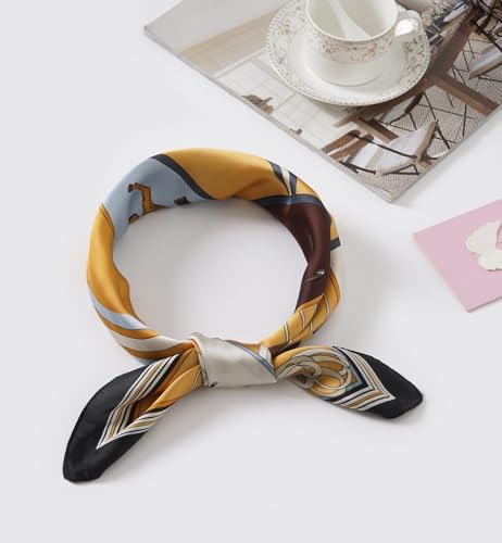 CHUNG Women's Scarf Hair Bandanas Square 27.5" Satin Wrap Fashion Pattern Scarves Emulation Silk Handbag Ribbons Necktie - color: Orange Horse