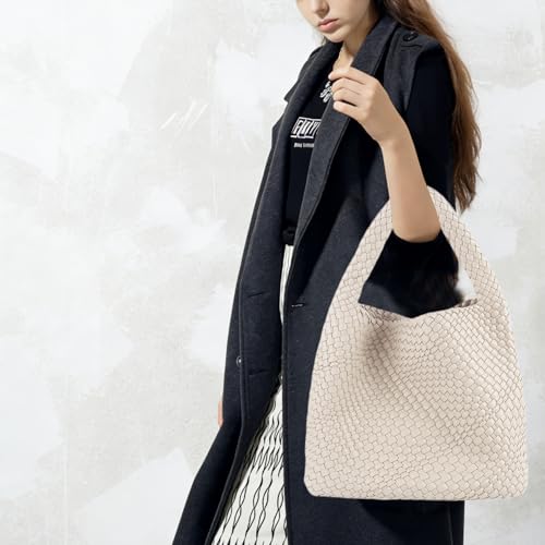 Woven Tote Bag For Women, Large Vegan Leather Travel Handbag, Casual Work Shoulder Bag, Underarm Commuter Hobo Bag With Purse - color: Beige