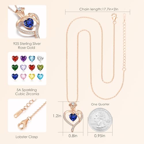 LOUISA SECRET Rose Flower Heart Birthstone Necklaces for Women, 925 Sterling Silver Jewelry, Pendant Heart Necklaces Birthday Anniversary Christmas Gift for Women Wife Mom Girlfriend Lady - color: Rose Gold-09-Sep