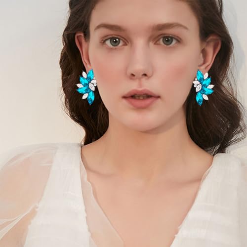 Bohemian Statement Sparkly Colourful Fancy Rhinestone Crystal Flower Dangle Drop Stud Earrings Vintage Wedding Bridal Prom Earrings for Women - color: Lake blue