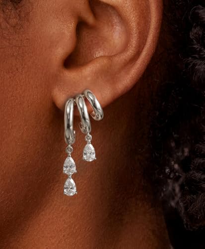 Triple Huggie Stacked Earrings for Women Gold Chain Drop Dangle Earrings Cute Statement CZ Earrings Trendy Dainty Jewelry Gift - color: Silver 4