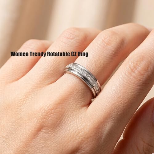 6mm Titanium Fidget Rings for Women Anxiety Relasing, Full Cubic Zirconia Ring Eternity Wedding Band Ring Love Statement Jewelry, Hypoallergenic Stainless Steel Gold Rings for Women No Tarnish - color: silver-fidget