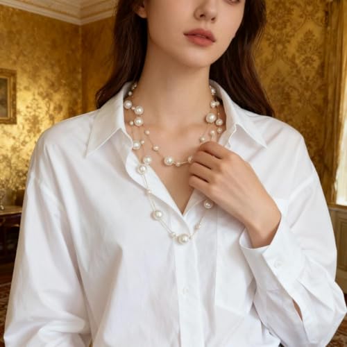 Layered Pearl Necklaces for Women Big Pearl Long Chain Necklace Dainty Faux Pearl Necklaces Statement Sweater Strand Chain Jewelry - style: gold