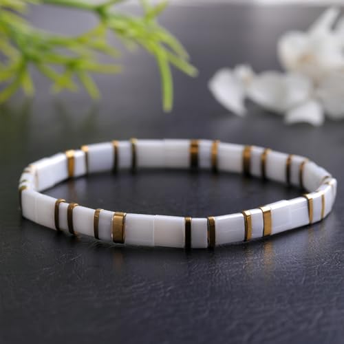 Tila Flat Beaded Stretch Bracelet for Women,Bohemian Friendship Bead Bracelets Handmade Stack Boho Jewelry Accessory for Everyday Wear, Vacation and Friend Gifts - color: white