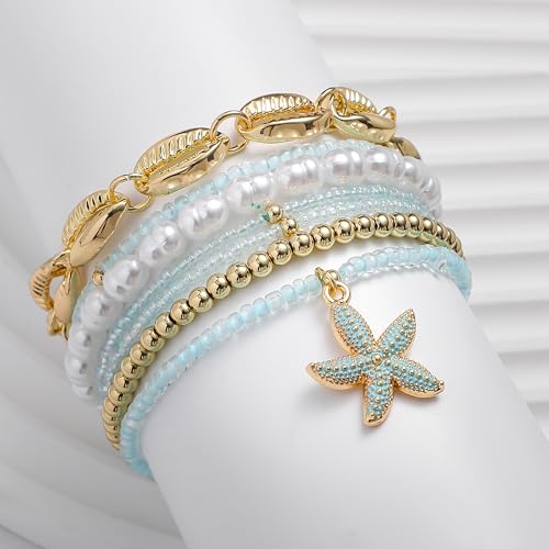 Shell Bracelet Seashell Boho Beaded Stretch Bracelets for Women Summer Beach Bracelets Starfish Charm Bracelet Stackable Gold Plated Bracelets Set for Women - color: h-gold shell 7pcs set