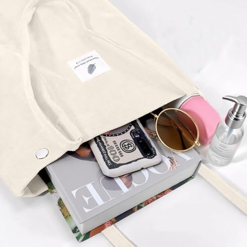 Corduroy Tote Bag for Women Small Canvas Shoulder Purse Cord Handy Bag with Inner Pocket | with Front Pocket - color: 02 Beige