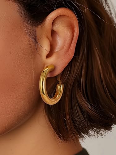 Stainless Steel Chunky Hoop Earrings For Women, Minimalist and Chic, Black/Gold Plated, Round Hoops Earrings Hypoallergenic, Size: 30mm/40mm/60mm/80mm, Come with Box - color: 1. Gold, size: 30MM