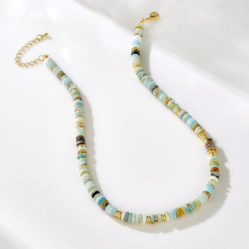 KissYan Boho Beaded Choker Necklace for Women, Gemstone Choker Natural Stone Freshwater Pearl Surfer Necklaces 14K Gold Plated Summer Beach Handmade Jewelry - color: B-Green Aventurine