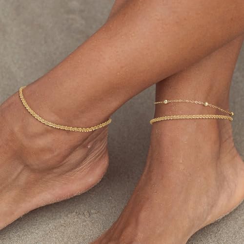 Tewiky Sterling Silver Plated Ankle Bracelets for Women,Dainty Layered Waterproof Anklet for Women Adjustable Sparkly Herringbone Beaded Rope Chain Set Stackable Cute Summer Beach Jewelry Gift - color: gold2