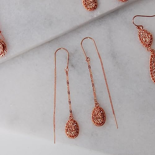 Simulated Druzy Threader Earrings for Women - Gold, Silver, or Rose Gold Tone Long Chain Earrings with Boho Created Geode Stone - color: Rose Gold - Rose Gold Stone