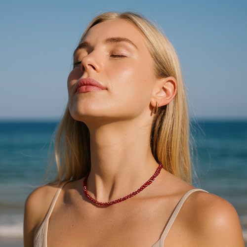 ZANNAH Gemstone Beaded Necklaces for Women - Boho Style Essential Necklace 15" + 3.14" Extender, Cute and Trendy Choker, Natural Stone Handmade Jewelry, Thoughtful Gifts for Women - color: Dark Red - Agate