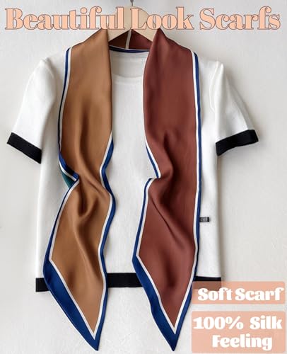 kcctoo 59” Long Silk Like Head Scarf Women's Fashion Square Neck Satin Scarfs for Bag Hair Scarves Gift 59 * 5.9” - color: F1 Green Coffee 4 Color Splicing 59" X 5.9"
